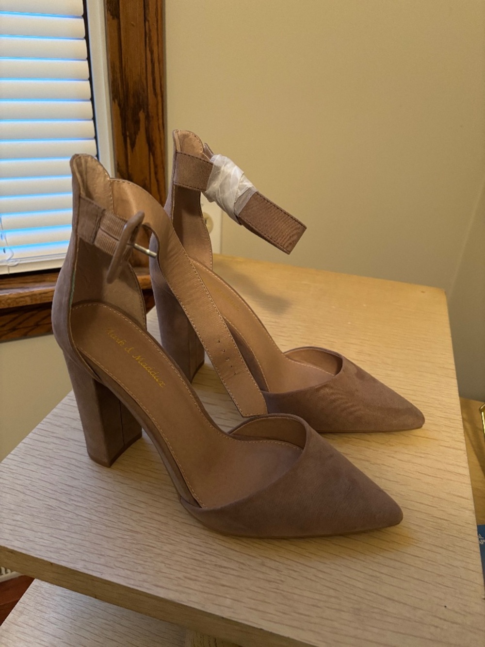 Mark & Maddux - suede taupe ankle strap pumps